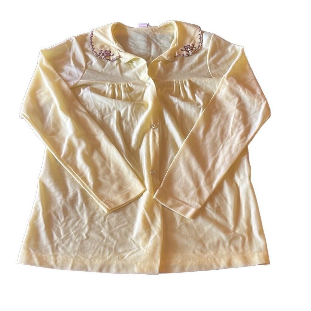 Sears Womens Vintage 32 1980s Yellow Button Down Embroidered Pajama Top Shirt‎